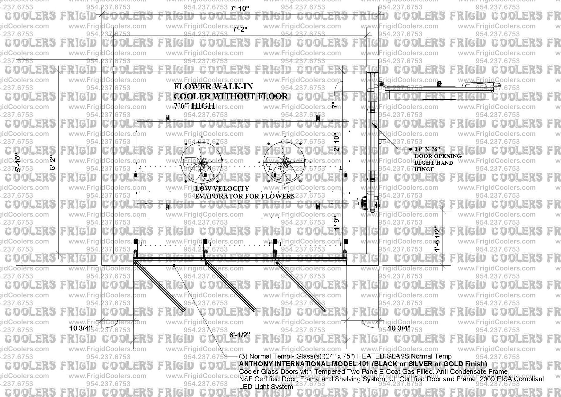 Dimensioned approval drawing for a flower walk-in cooler without floor, 7 foot 6 inches high, showing plan view with a low velocity evaporator for flowers, a 34 by 76 inch right hand hinge door opening, and three Model 401 heated glass doors