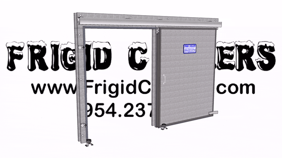 Frigid Coolers drawing of a walk-in sliding door hung on an overhead track with its frame and floor guides